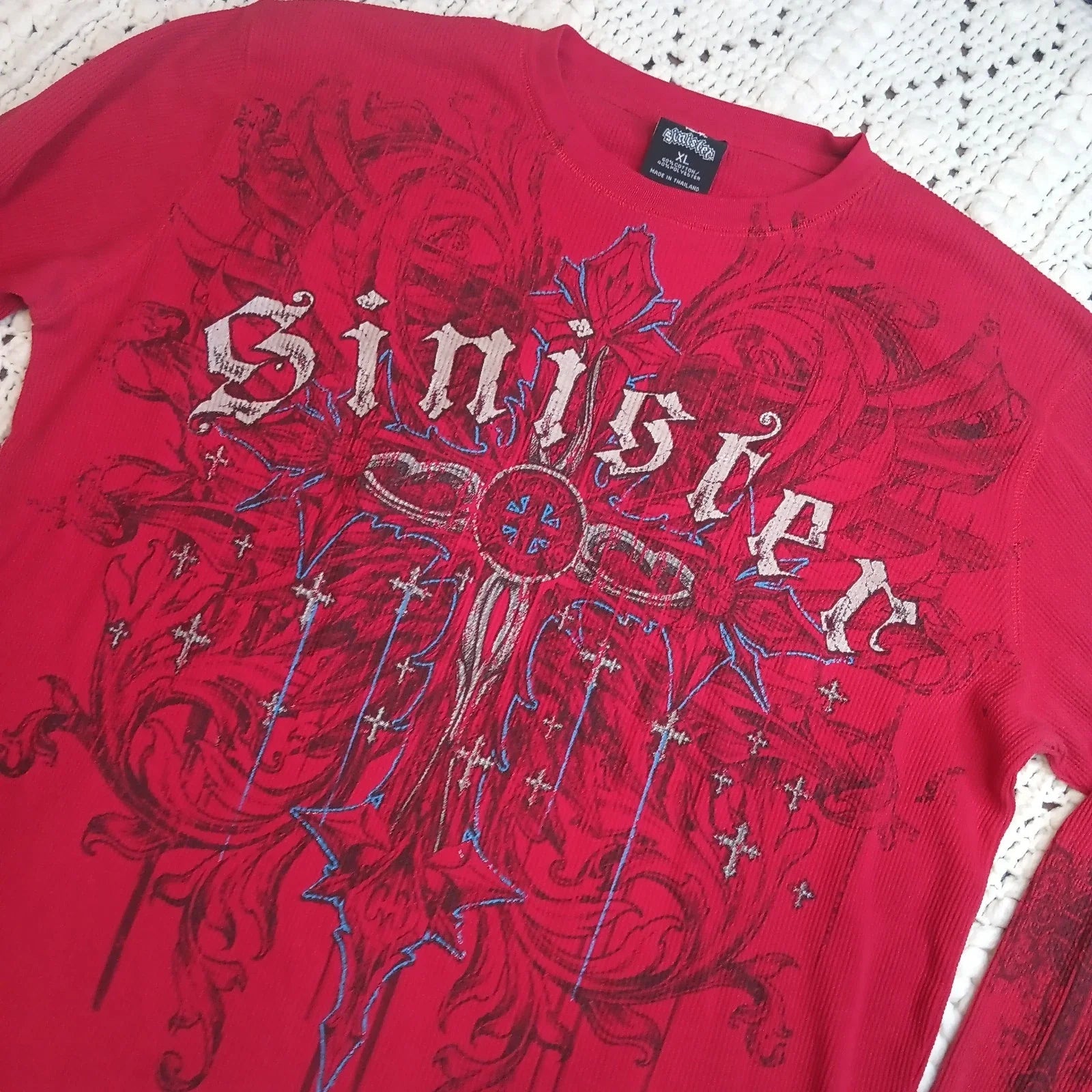 Sinister Y2K Mens XL Grunge Red Thermal Affliction Style Shirt Cross Long Read Unisex T-shirt, Sweatshirt, Hoodie, Long Sleeve Tee - T-Shirt, Sweatshirt, Hoodie