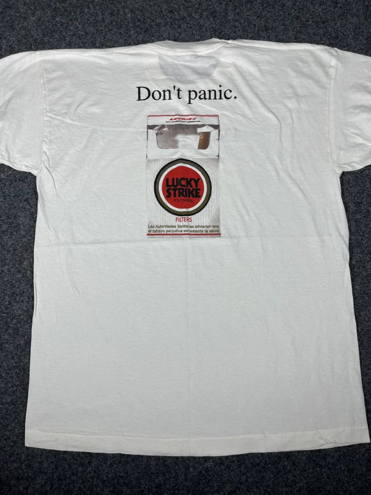 Vintage 90s Lucky Strike Cigarette T-Shirt Don't Panic White L Unisex T-shirt, Sweatshirt, Hoodie, Long Sleeve Tee - T-Shirt, Sweatshirt, Hoodie