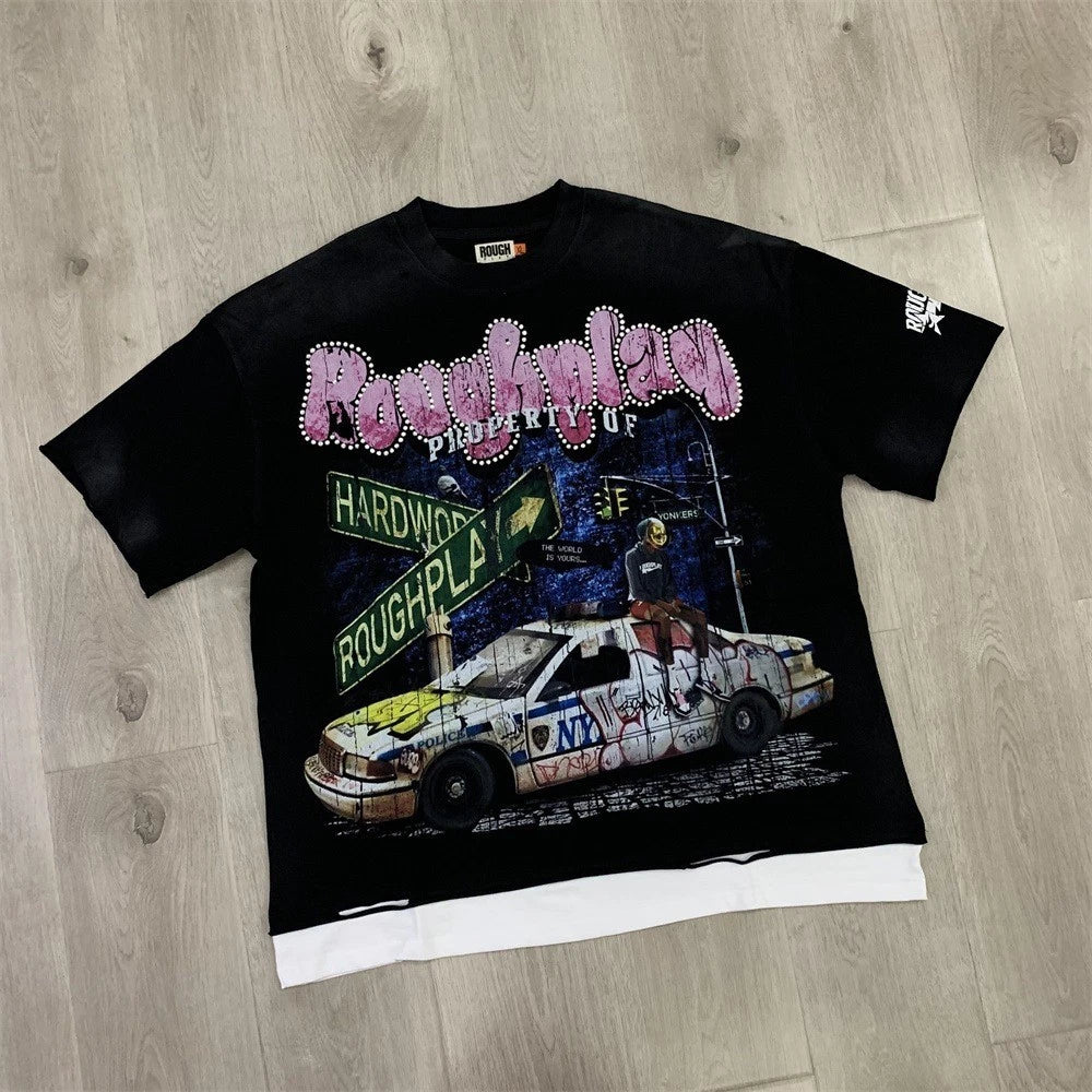RoughPlay Washed Vintage Retro Print Beaded Patchwork T-Shirt Unisex T-shirt, Sweatshirt, Hoodie, Long Sleeve Tee - T-Shirt, Sweatshirt, Hoodie