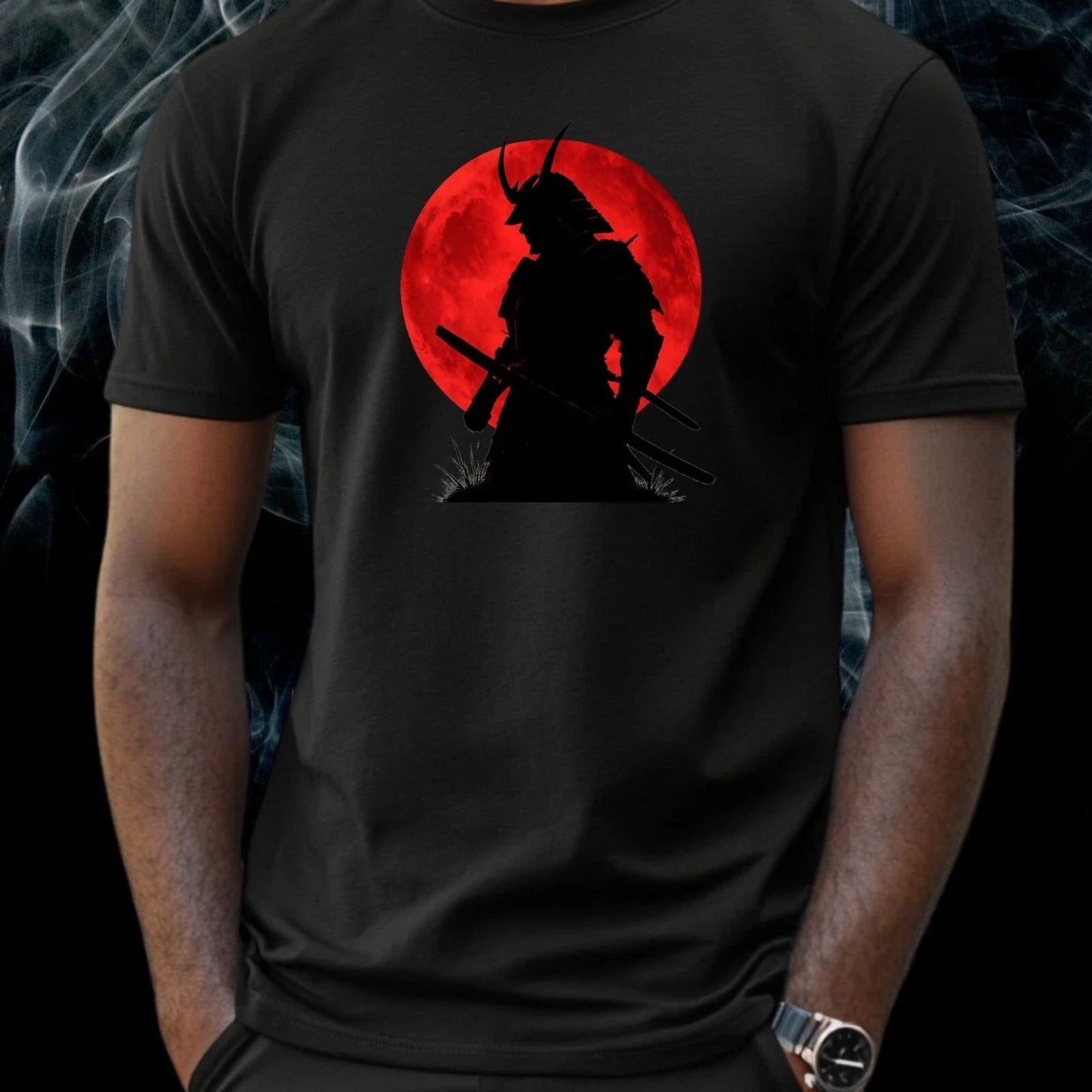 Mens Samurai Under The Red Moon Motif Cotton T-Shirt Size XS to 5XL Unisex T-shirt, Sweatshirt, Hoodie, Long Sleeve Tee - T-Shirt, Sweatshirt, Hoodie