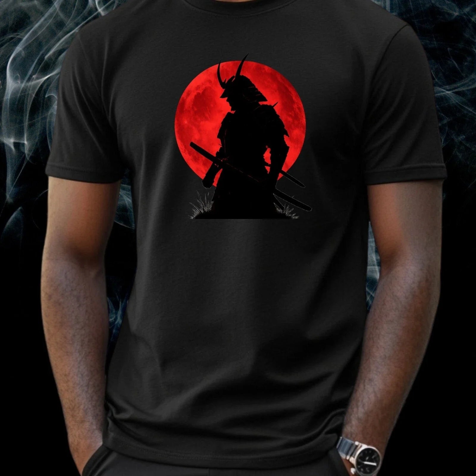 Mens Samurai Under The Red Moon Motif Cotton T-Shirt Size XS to 5XL Unisex T-shirt, Sweatshirt, Hoodie, Long Sleeve Tee - T-Shirt, Sweatshirt, Hoodie