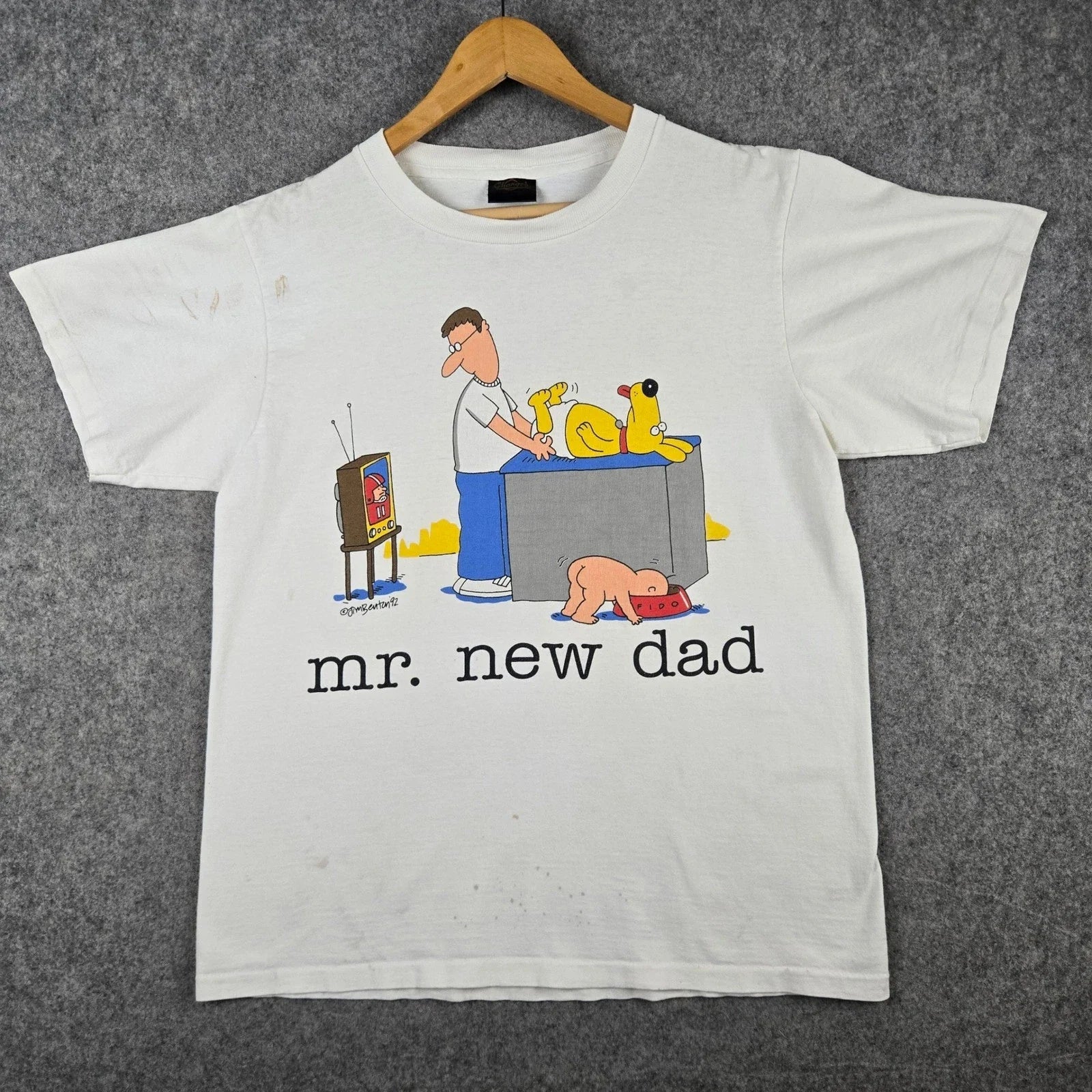 Vintage Mr New Dad T Shirt Mens Large White Jim Benton Cartoon 1992 Chnages 90s Unisex T-shirt, Sweatshirt, Hoodie, Long Sleeve Tee - T-Shirt, Sweatshirt, Hoodie