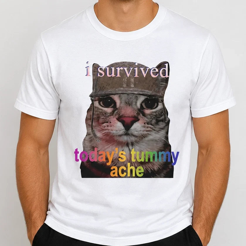 I Survived Todays Tummy Ache T-Shirt Funny Graphic White Tee Cotton Unisex Top Unisex T-shirt, Sweatshirt, Hoodie, Long Sleeve Tee - T-Shirt, Sweatshirt, Hoodie
