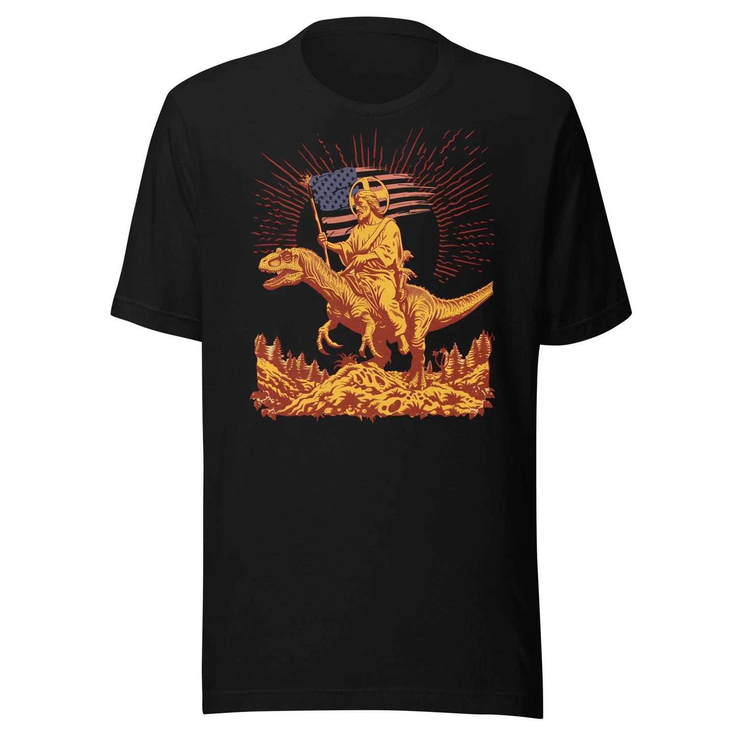 Jesus Riding Dinosaur Shirt Funny USA American Flag Christian Patriotic Humor Unisex T-shirt, Sweatshirt, Hoodie, Long Sleeve Tee - T-Shirt, Sweatshirt, Hoodie