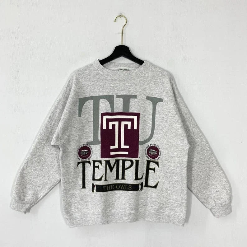 Vintage 90s Temple College Style Crewneck  T-Shirt, Sweatshirt  & Hoodie Unisex T-shirt, Sweatshirt, Hoodie, Long Sleeve Tee - T-Shirt, Sweatshirt, Hoodie