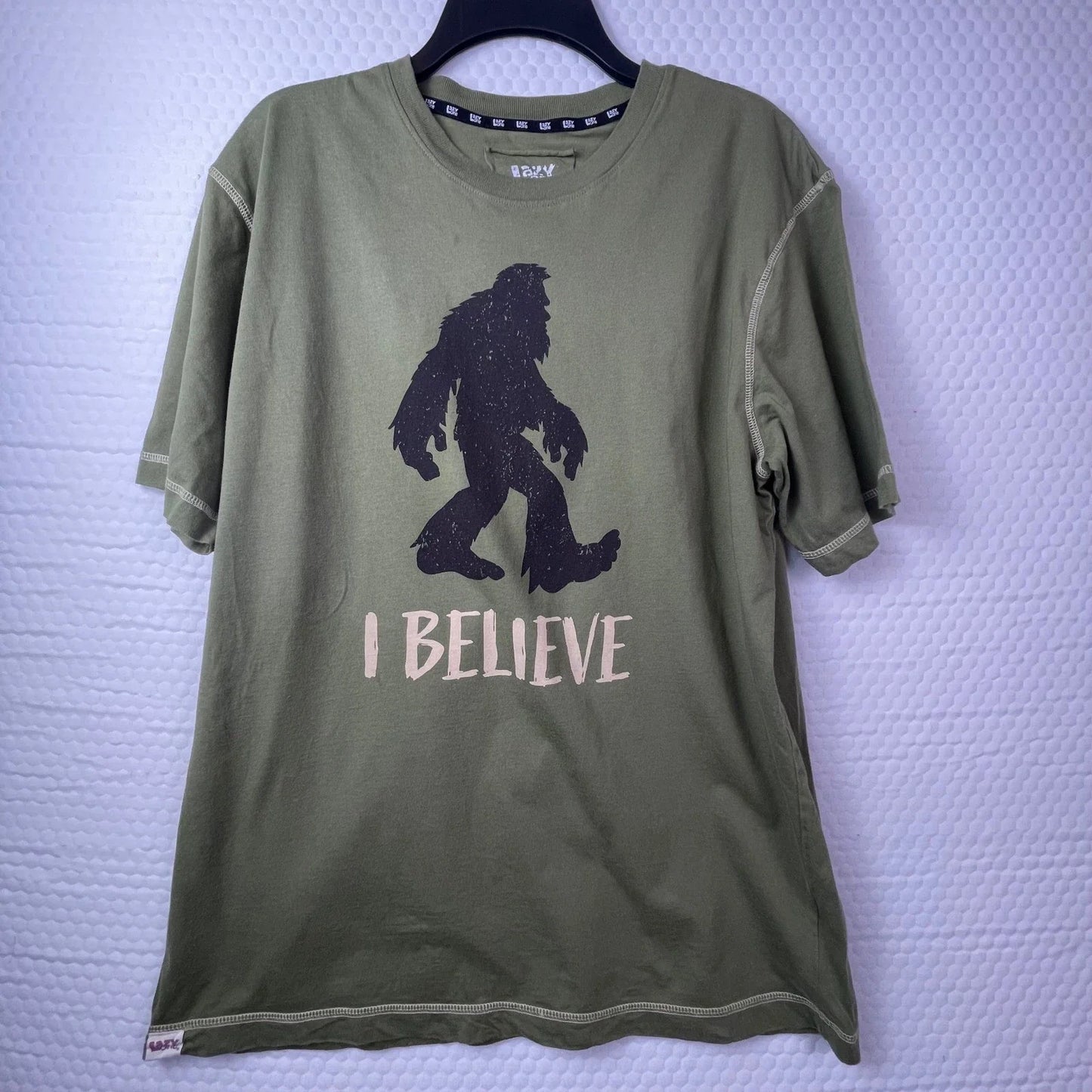 Lazy One Bigfoot I Believe Graphic T-Shirt Mens Medium Olive Green Sasquatch Tee Unisex T-shirt, Sweatshirt, Hoodie, Long Sleeve Tee - T-Shirt, Sweatshirt, Hoodie