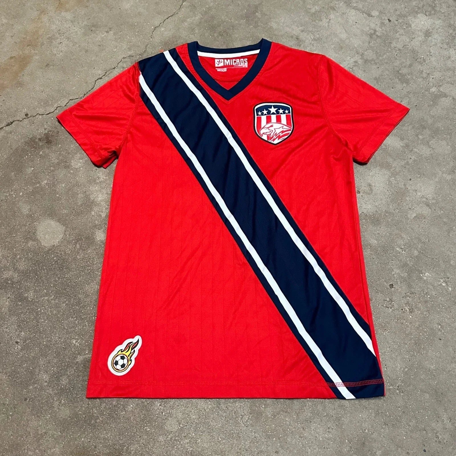 Micros Soccer Jersey Mens Medium Red USA 10 Eagle Crest Sash V-Neck Shirt Unisex T-shirt, Sweatshirt, Hoodie, Long Sleeve Tee - T-Shirt, Sweatshirt, Hoodie