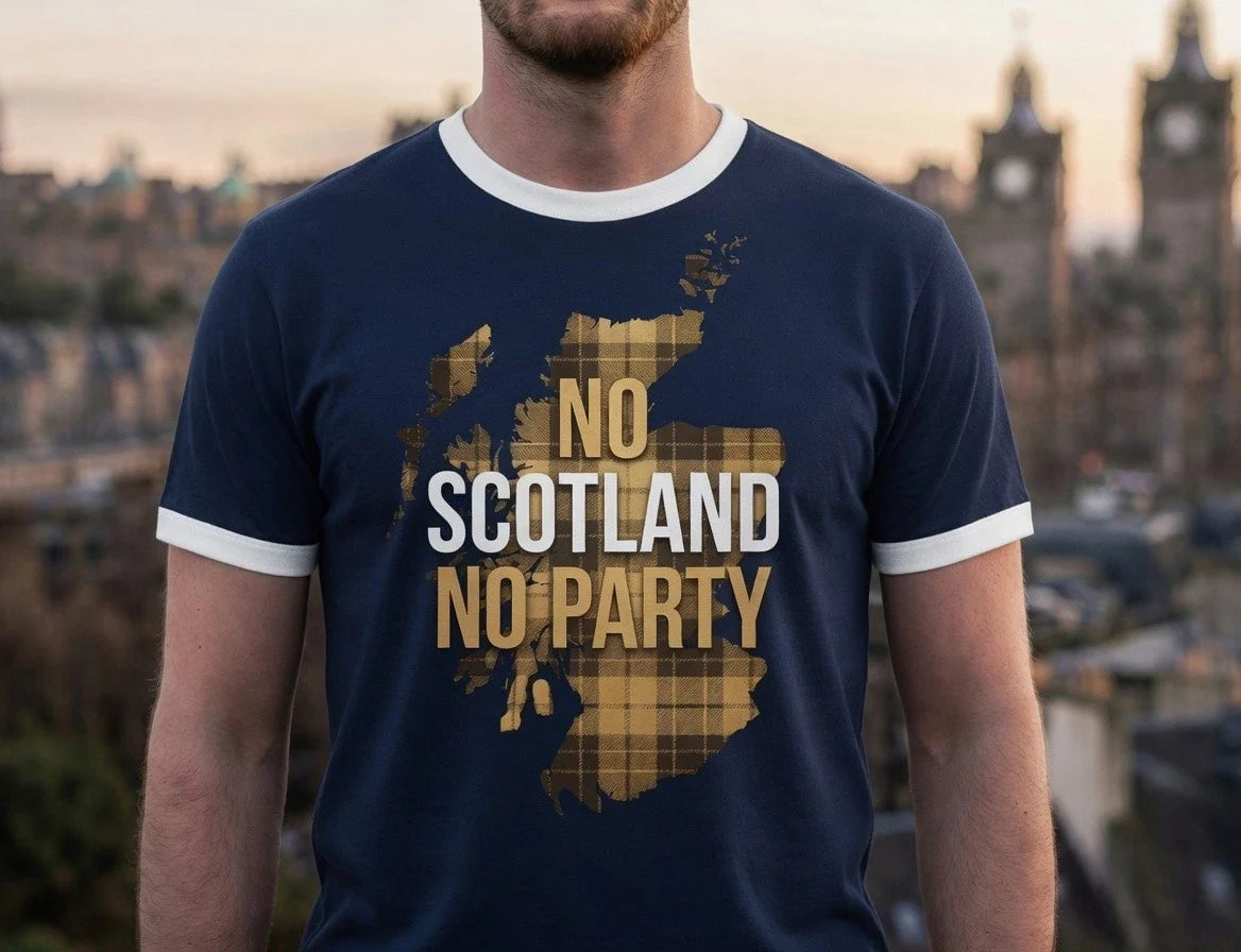 No Scotland No Party SCOTTISH Flag Mens t-shirt Ringer Navy Gold Unisex T-shirt, Sweatshirt, Hoodie, Long Sleeve Tee - T-Shirt, Sweatshirt, Hoodie