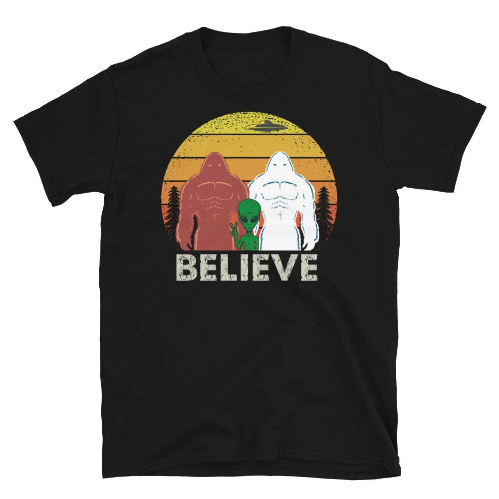 Retro Believe Bigfoot Sasquatch Yeti Alien Hiking Camping Unisex Tee T-Shirt Unisex T-shirt, Sweatshirt, Hoodie, Long Sleeve Tee - T-Shirt, Sweatshirt, Hoodie