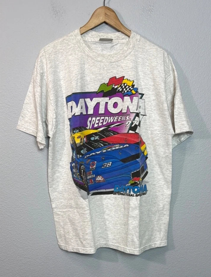 Vintage 1997 Daytona Speedweek Racing Graphic T-Shirt Mens XL Grey Double Sided Unisex T-shirt, Sweatshirt, Hoodie, Long Sleeve Tee - T-Shirt, Sweatshirt, Hoodie