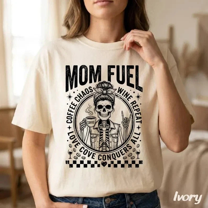Mom Fuel Skull Comfort Tee Coffee Chaos Mama Funny Unisex T-shirt, Sweatshirt, Hoodie, Long Sleeve Tee - T-Shirt, Sweatshirt, Hoodie