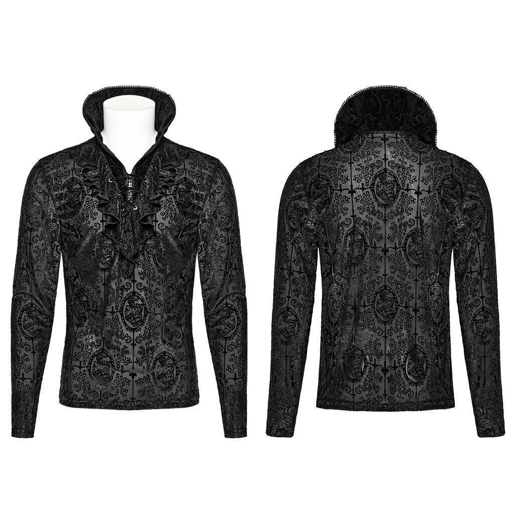 PUNK RAVE Black Gothic Retro Ruffled High Collar Pattern Velvet Shirt Men Top Unisex T-shirt, Sweatshirt, Hoodie, Long Sleeve Tee - T-Shirt, Sweatshirt, Hoodie