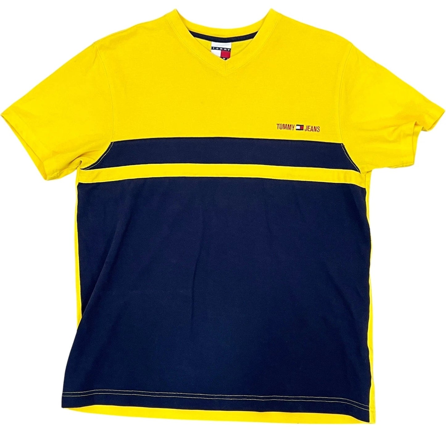 Y2K Tommy Jeans Color Block V Neck Size Small Unisex T-shirt, Sweatshirt, Hoodie, Long Sleeve Tee - T-Shirt, Sweatshirt, Hoodie