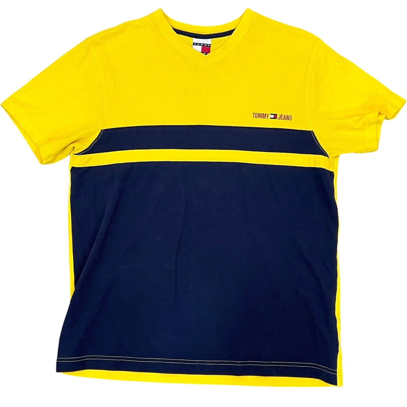 Y2K Tommy Jeans Color Block V Neck Size Small Unisex T-shirt, Sweatshirt, Hoodie, Long Sleeve Tee - T-Shirt, Sweatshirt, Hoodie