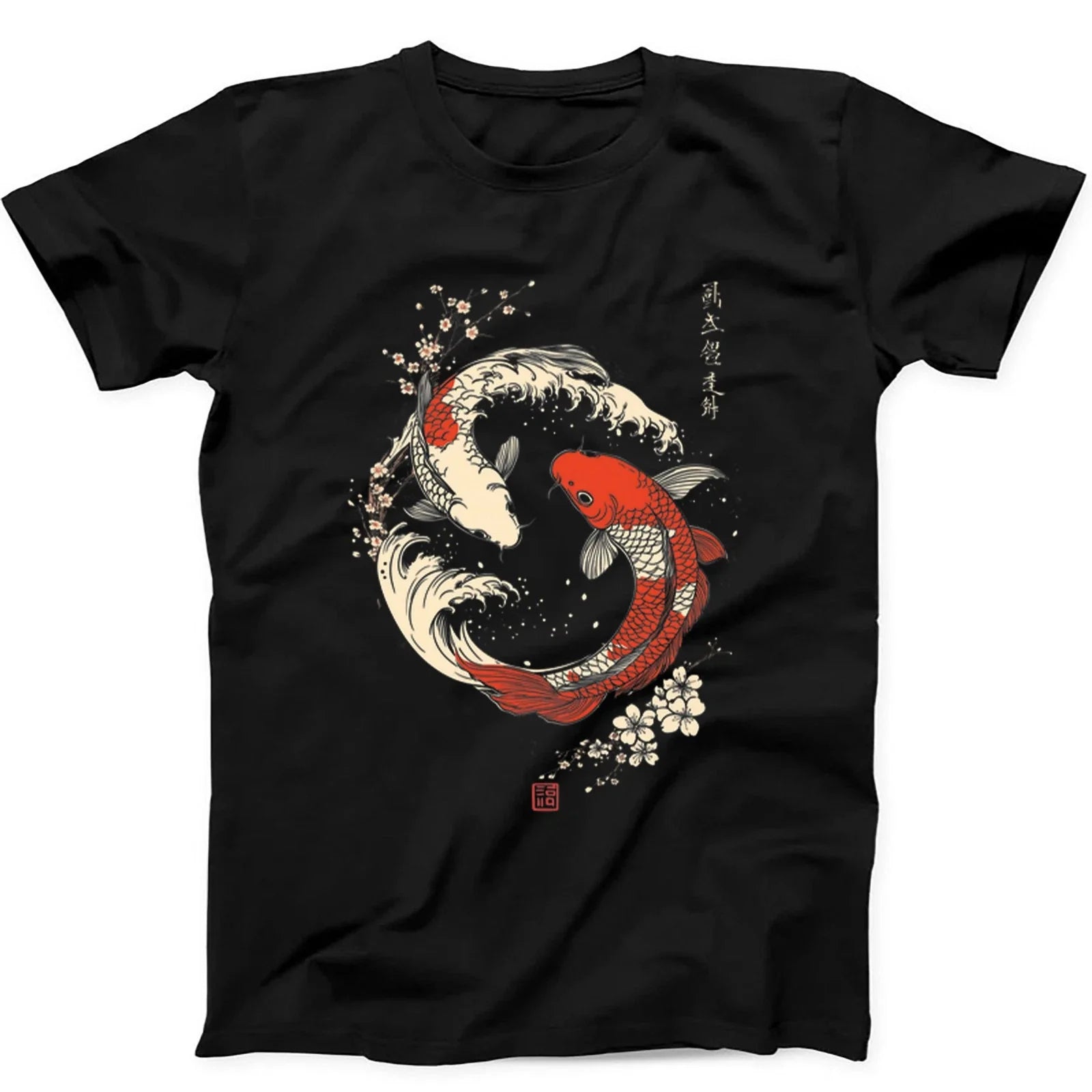 Yin Yang The Great Wave Off Koi Fish Cherry Blossoms Gift Tee Black T Shirt 414 Unisex T-shirt, Sweatshirt, Hoodie, Long Sleeve Tee - T-Shirt, Sweatshirt, Hoodie