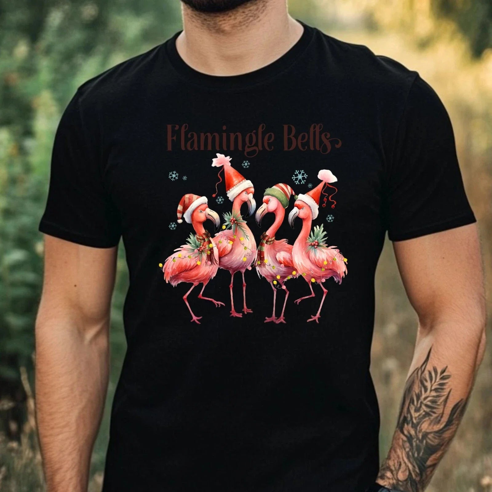 Mens Christmas Flamingo Print Cotton T-Shirt Size XS to 5XL Unisex T-shirt, Sweatshirt, Hoodie, Long Sleeve Tee - T-Shirt, Sweatshirt, Hoodie