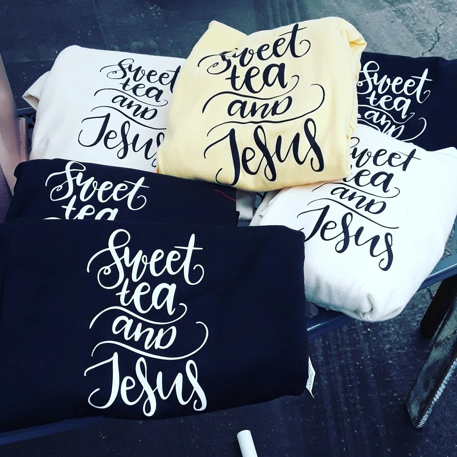 Handmade Vinyl Graphic Ts "Sweet Tea & Jesus" print in the middle of shirt. Unisex T-shirt, Sweatshirt, Hoodie, Long Sleeve Tee - T-Shirt, Sweatshirt, Hoodie