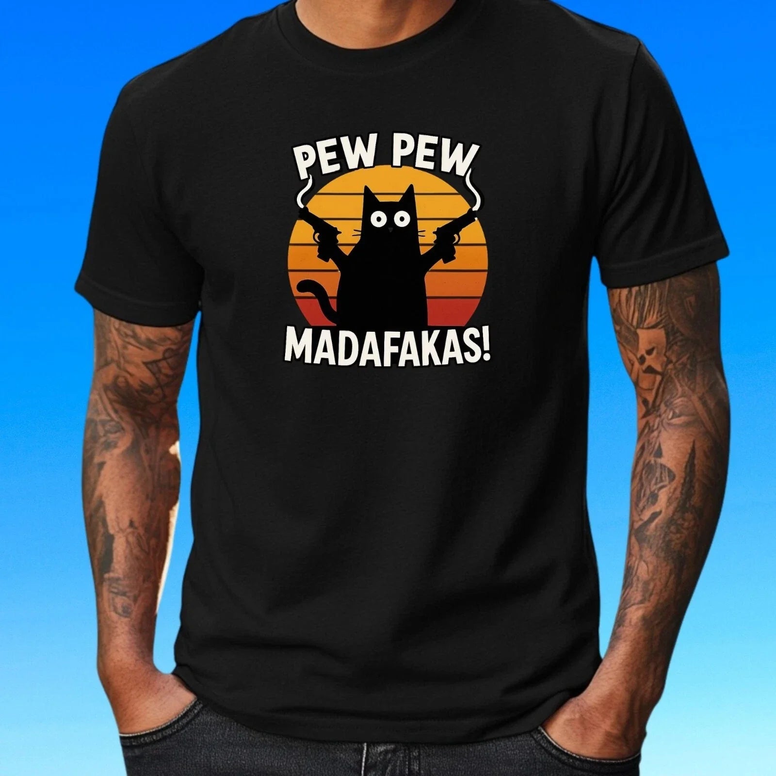 Pew Pew Madafakas T-Shirt - Funny Western Cat, Meme Funshirt Gift Unisex T-shirt, Sweatshirt, Hoodie, Long Sleeve Tee - T-Shirt, Sweatshirt, Hoodie