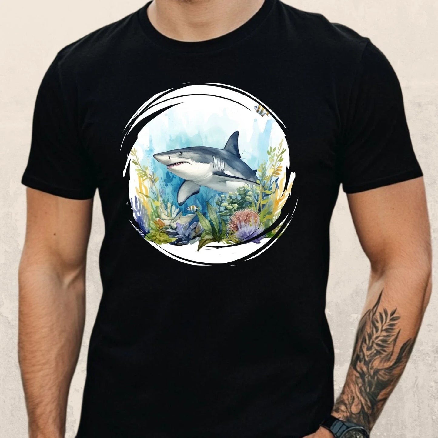 Mens Shark Watercolour Motif Cotton T-Shirt Size XS to 5XL Unisex T-shirt, Sweatshirt, Hoodie, Long Sleeve Tee - T-Shirt, Sweatshirt, Hoodie