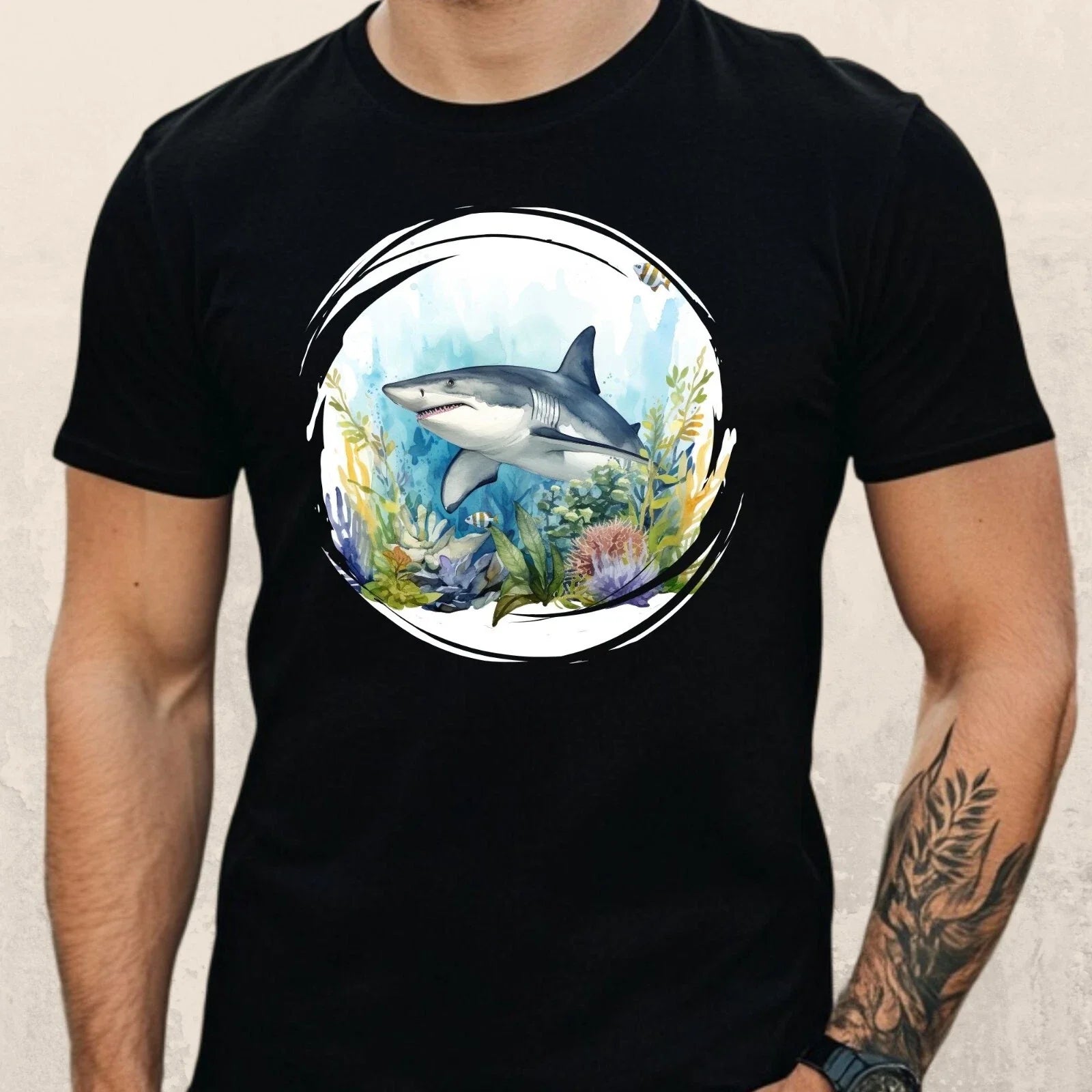 Mens Shark Watercolour Motif Cotton T-Shirt Size XS to 5XL Unisex T-shirt, Sweatshirt, Hoodie, Long Sleeve Tee - T-Shirt, Sweatshirt, Hoodie
