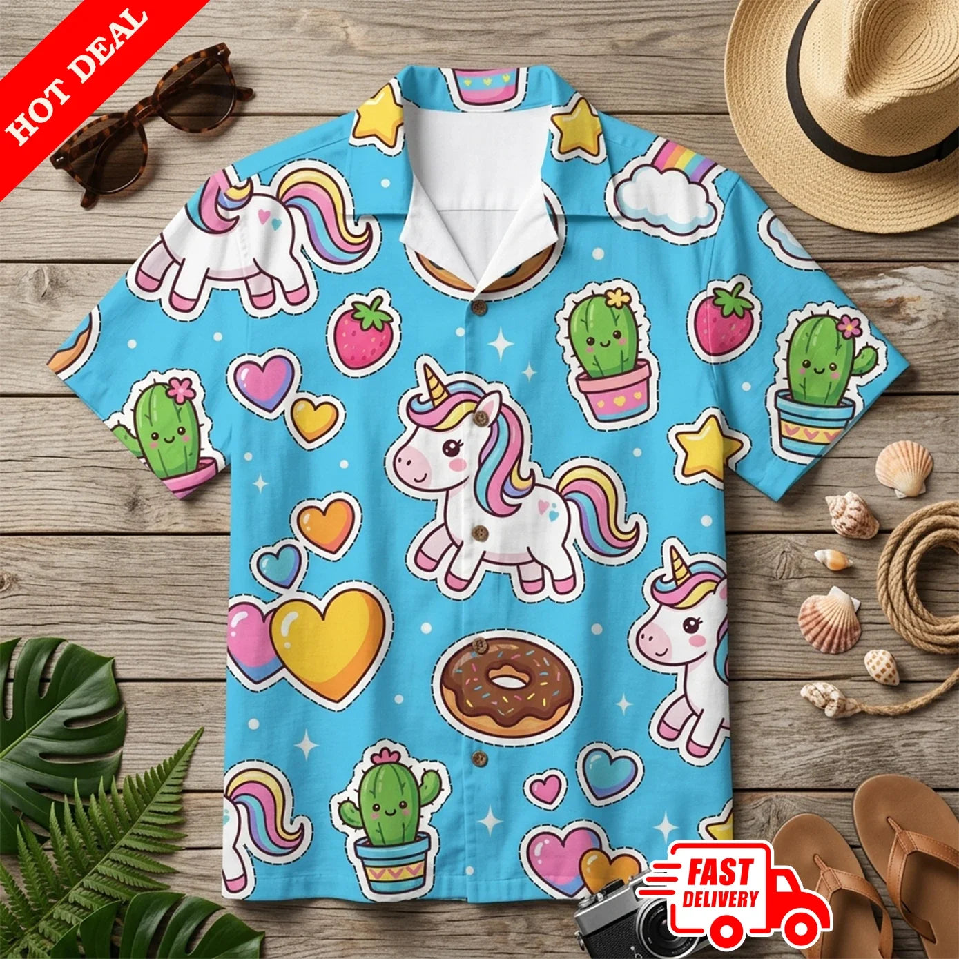 Unicorn Kawaii Men Blue Hawaiian Shirt Aloha Hearts Donuts Short Sleeve Summer Unisex T-shirt, Sweatshirt, Hoodie, Long Sleeve Tee - T-Shirt, Sweatshirt, Hoodie