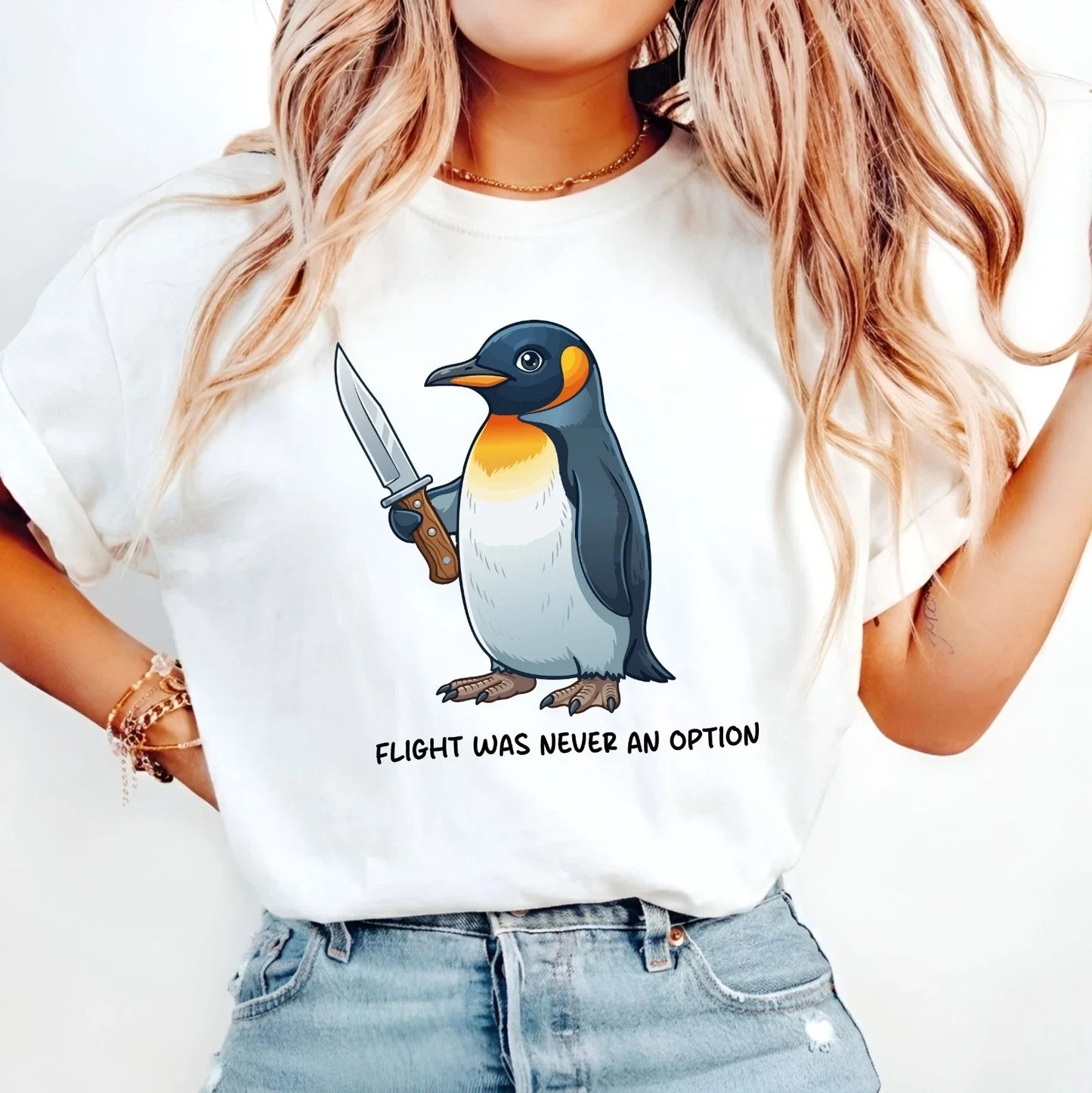 Flight Was Never An Option T-Shirt Funny Penguin Meme Knife Shirt Animal Joke Unisex T-shirt, Sweatshirt, Hoodie, Long Sleeve Tee - T-Shirt, Sweatshirt, Hoodie