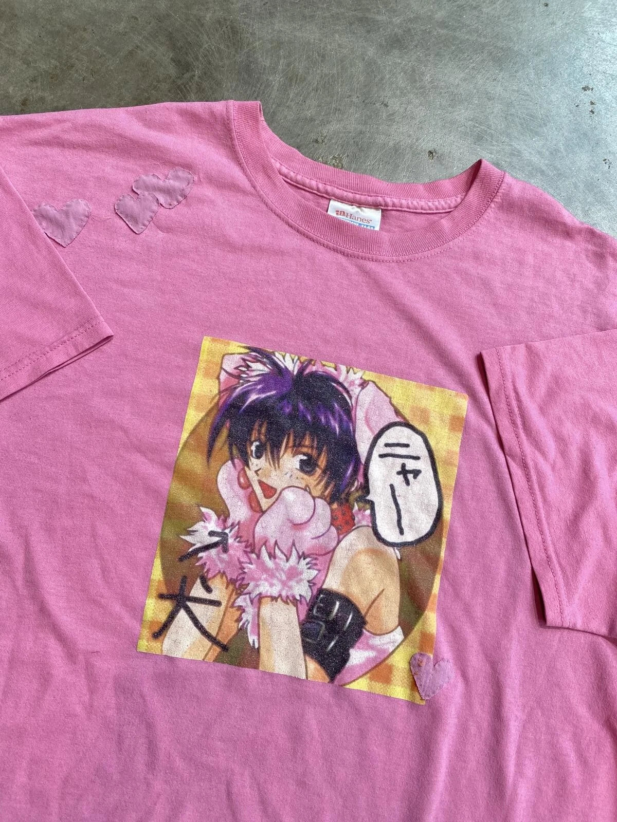Vintage 1990s Anime Tee with Heart Patches vtg 90s Large 21X27 Unisex T-shirt, Sweatshirt, Hoodie, Long Sleeve Tee - T-Shirt, Sweatshirt, Hoodie