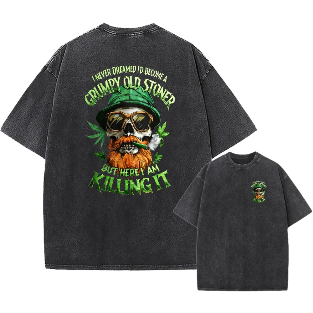 100% Cotton Oversized T-Shirt, Grumpy Old Stoner Skull Graphic Streetwear Tee Unisex T-shirt, Sweatshirt, Hoodie, Long Sleeve Tee - T-Shirt, Sweatshirt, Hoodie