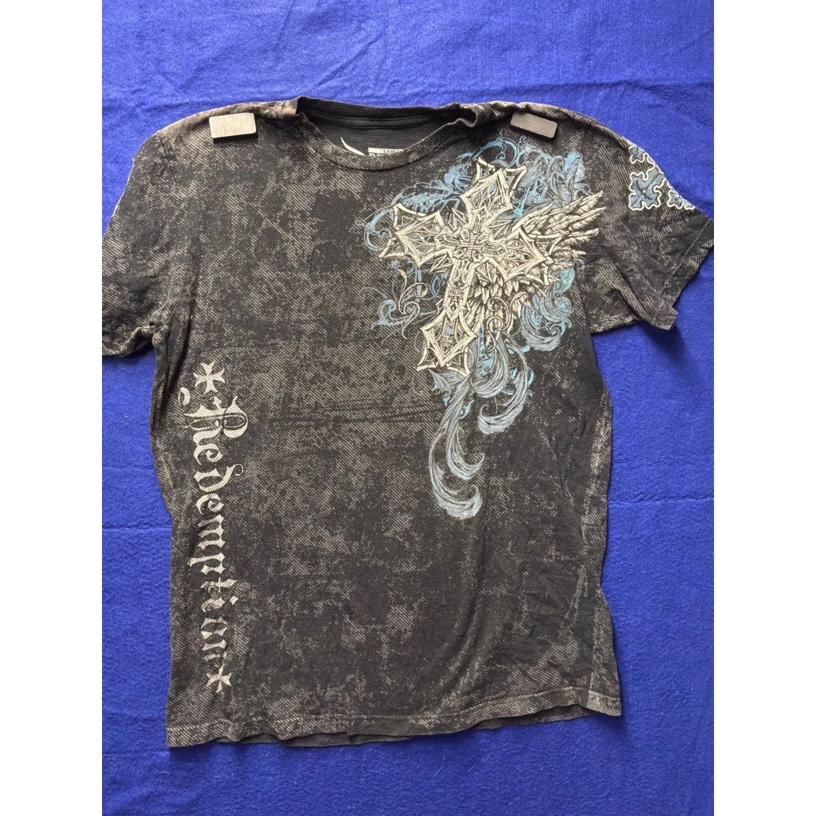 Y2K Mens Raw State Premium Graphic T-Shirt Large Black Acid Wash Cross Wings Unisex T-shirt, Sweatshirt, Hoodie, Long Sleeve Tee - T-Shirt, Sweatshirt, Hoodie