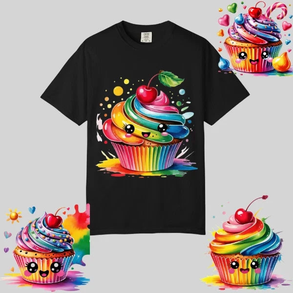 Kawaii Rainbow Cupcake Graphic T-Shirt, Comfort Colors, Unisex Streetwear Tee Unisex T-shirt, Sweatshirt, Hoodie, Long Sleeve Tee - T-Shirt, Sweatshirt, Hoodie