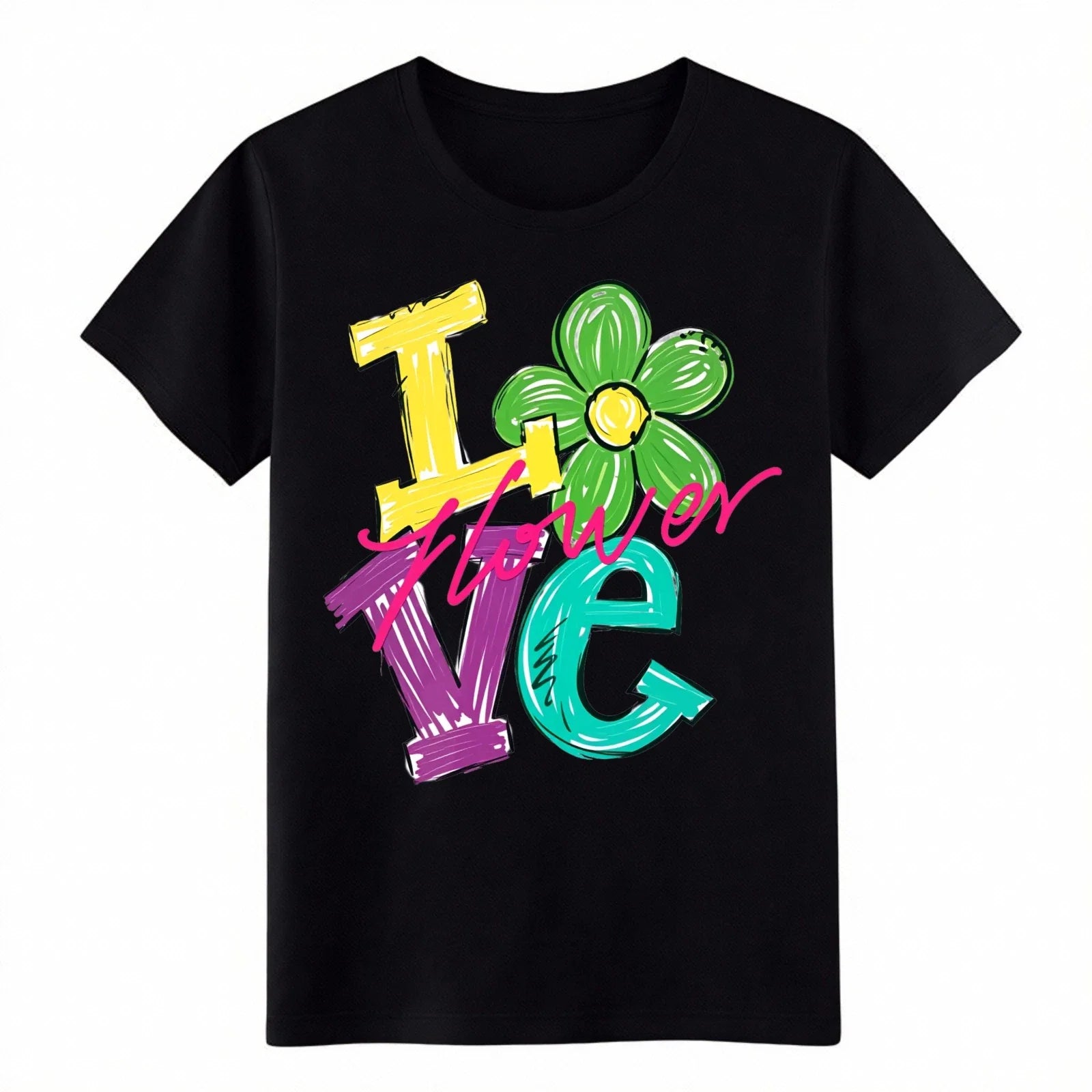 Colorful "I Love Flower" Floral Graphic T-Shirt, Spring Nature Casual Cotton Tee Unisex T-shirt, Sweatshirt, Hoodie, Long Sleeve Tee - T-Shirt, Sweatshirt, Hoodie