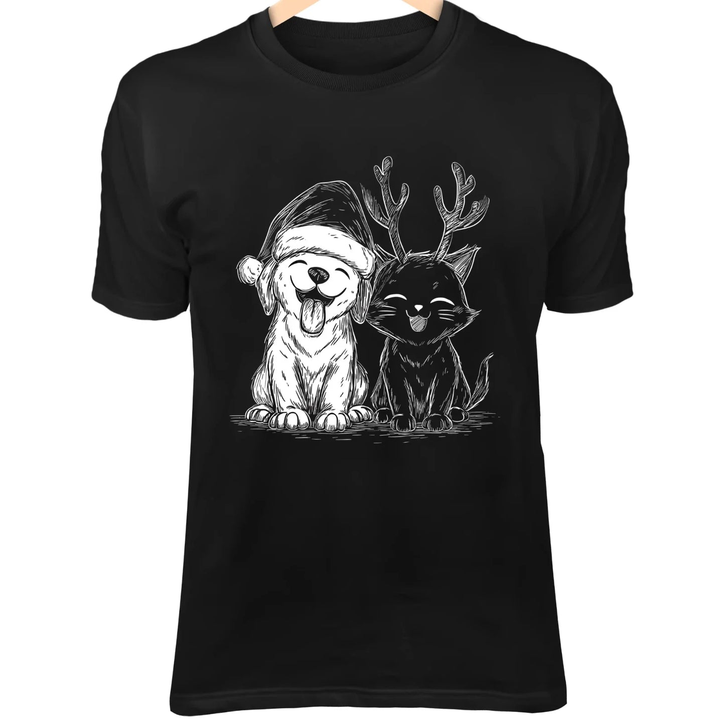 Christmas Dog & Cat Line Art - Cute Minimalist Cartoon with Santa Hat & Reindeer Unisex T-shirt, Sweatshirt, Hoodie, Long Sleeve Tee - T-Shirt, Sweatshirt, Hoodie