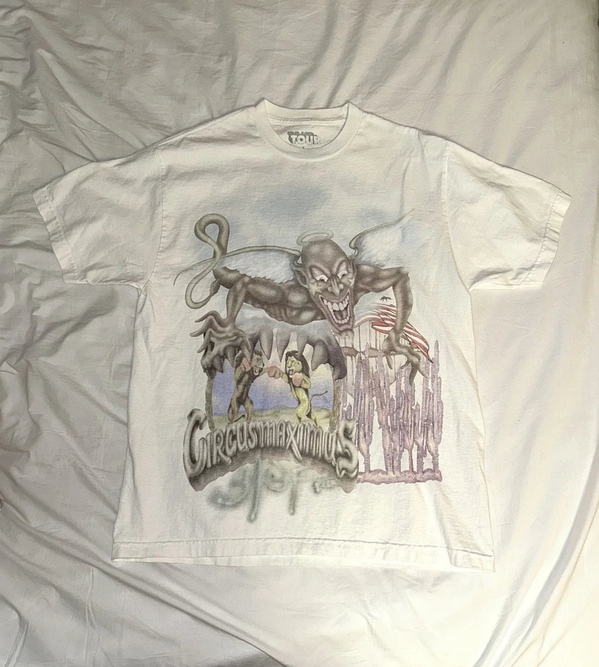 Travis Scott Circus Maximus Utopia Tour 2023 White Graphic T-Shirt Mens Large Unisex T-shirt, Sweatshirt, Hoodie, Long Sleeve Tee - T-Shirt, Sweatshirt, Hoodie