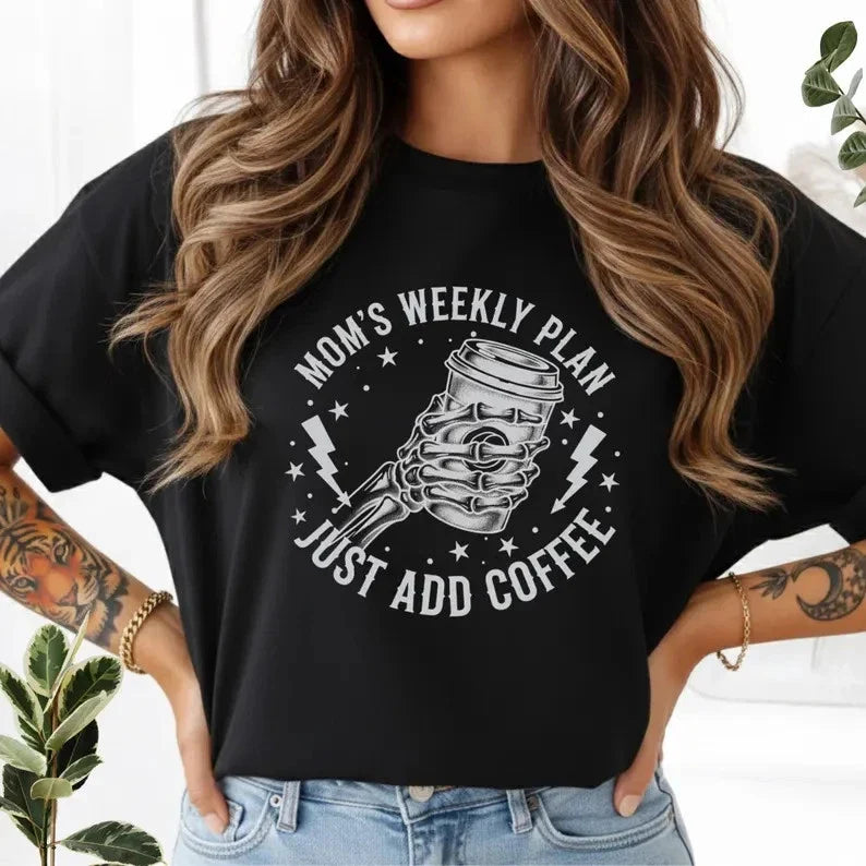 Just Add Coffee Funny Mom Skeleton Graphic Comfort Tee Unisex T-shirt, Sweatshirt, Hoodie, Long Sleeve Tee - T-Shirt, Sweatshirt, Hoodie