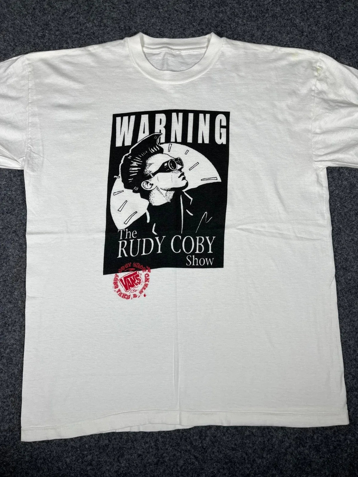 Vintage 90s The Rudy Coby Show Warning T Shirt Vans Promo Magician Punk White XL Unisex T-shirt, Sweatshirt, Hoodie, Long Sleeve Tee - T-Shirt, Sweatshirt, Hoodie