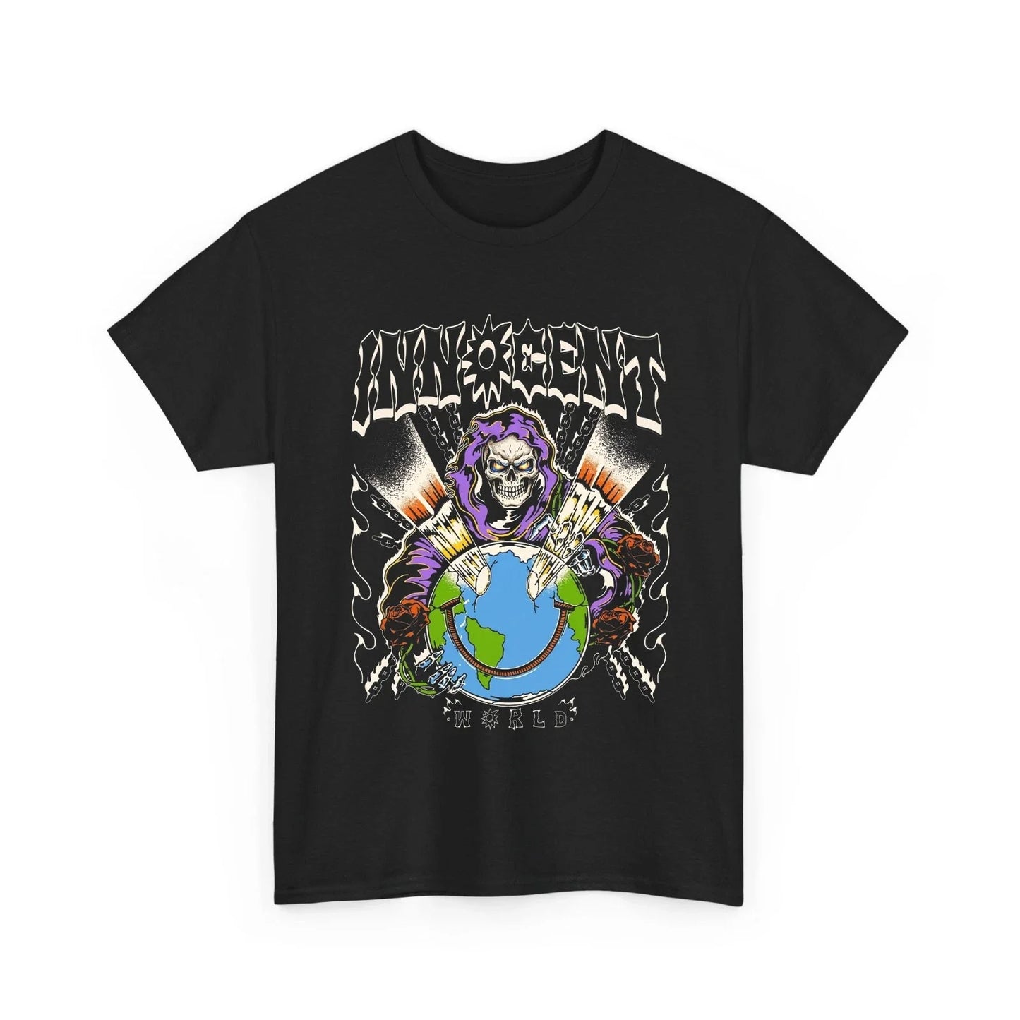 Grim Reaper Innocent World Globe Chains Roses Y2K Graphic T-Shirt Unisex T-shirt, Sweatshirt, Hoodie, Long Sleeve Tee - T-Shirt, Sweatshirt, Hoodie