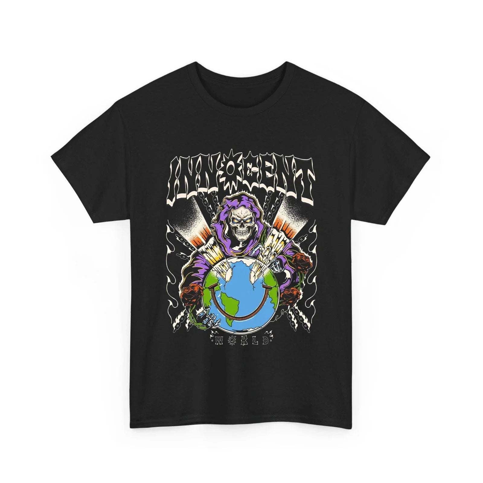 Grim Reaper Innocent World Globe Chains Roses Y2K Graphic T-Shirt Unisex T-shirt, Sweatshirt, Hoodie, Long Sleeve Tee - T-Shirt, Sweatshirt, Hoodie