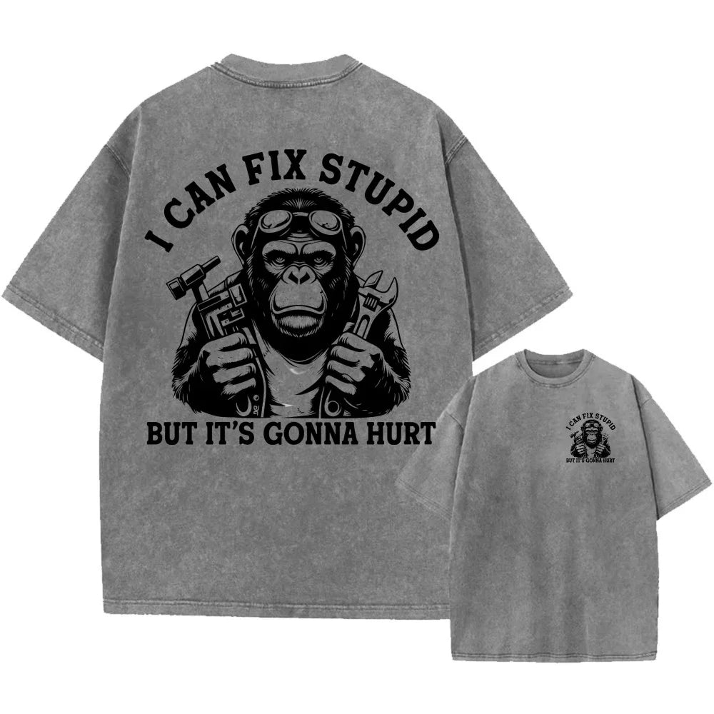 Retro Washed Oversized T-Shirt, "I Can Fix Stupid" Mechanic Gorilla Unisex Tee Unisex T-shirt, Sweatshirt, Hoodie, Long Sleeve Tee - T-Shirt, Sweatshirt, Hoodie