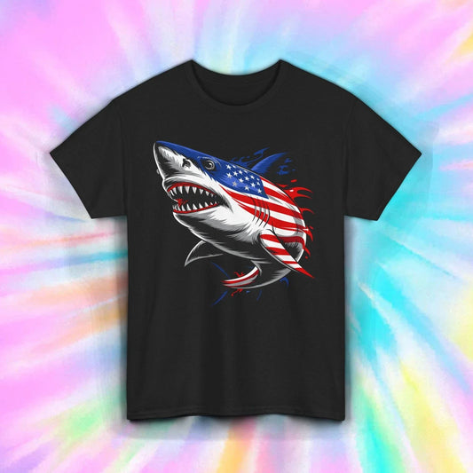 American Flag Shark Shirt Patriotic 4th of July Ocean Predator USA Tee S-5XL Unisex T-shirt, Sweatshirt, Hoodie, Long Sleeve Tee - T-Shirt, Sweatshirt, Hoodie