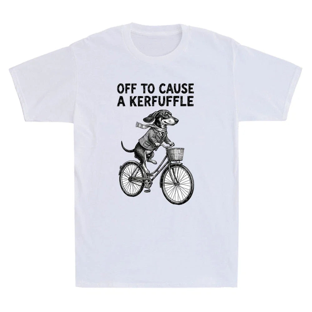 Off to Cause a Kerfuffle Dachshund Funny Wiener Dog Ride Bike Meme Men's T-Shirt Unisex T-shirt, Sweatshirt, Hoodie, Long Sleeve Tee - T-Shirt, Sweatshirt, Hoodie