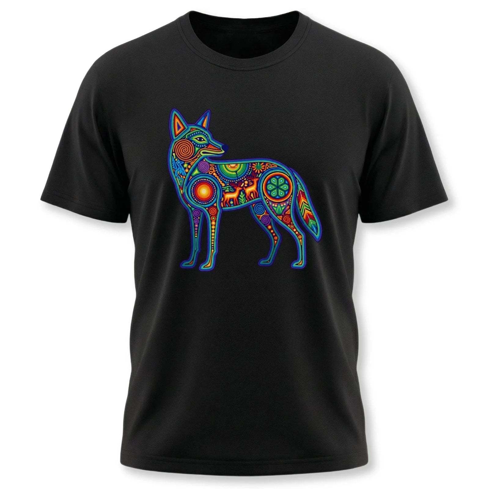 Huichol Coyote T-Shirt | Vibrant Mexican Folk Art Animal Graphic Tee Shirt Unisex T-shirt, Sweatshirt, Hoodie, Long Sleeve Tee - T-Shirt, Sweatshirt, Hoodie