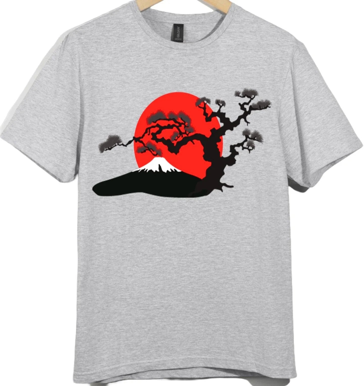 Bonsai Tree Mountain T-Shirt Rising Sun Asian Art Zen Nature Graphic Print Tee. Unisex T-shirt, Sweatshirt, Hoodie, Long Sleeve Tee - T-Shirt, Sweatshirt, Hoodie