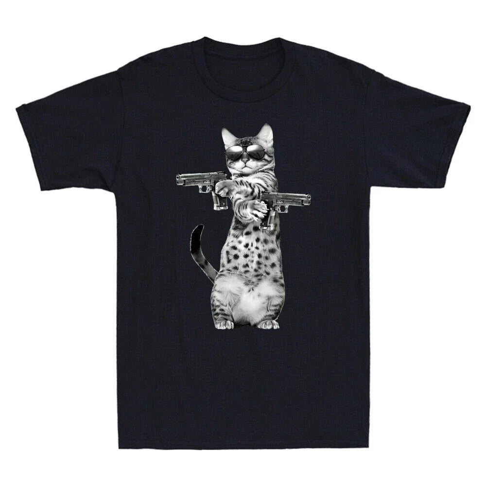 Cat Gangster With Gun Meme Funny Gift Lover Cat Novelty Men's Cotton T-Shirt Tee Unisex T-shirt, Sweatshirt, Hoodie, Long Sleeve Tee - T-Shirt, Sweatshirt, Hoodie