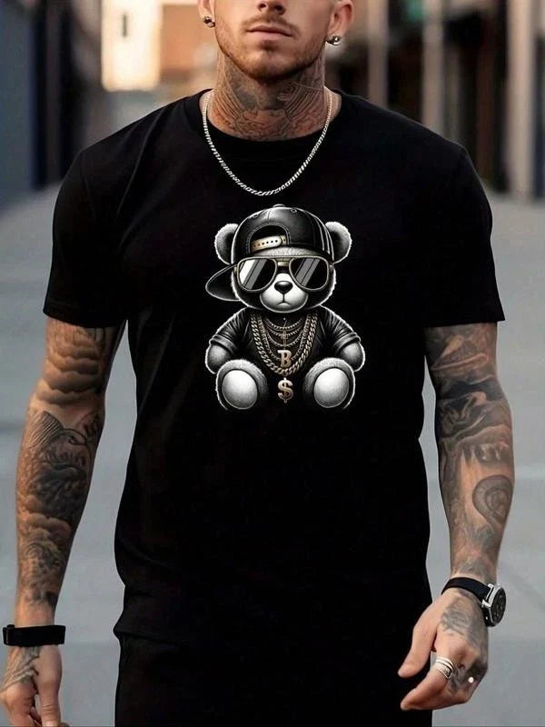 Men's Regular Fit Cartoon Bear Print Round Neck Tee, Street Fashion Casual Short Unisex T-shirt, Sweatshirt, Hoodie, Long Sleeve Tee - T-Shirt, Sweatshirt, Hoodie