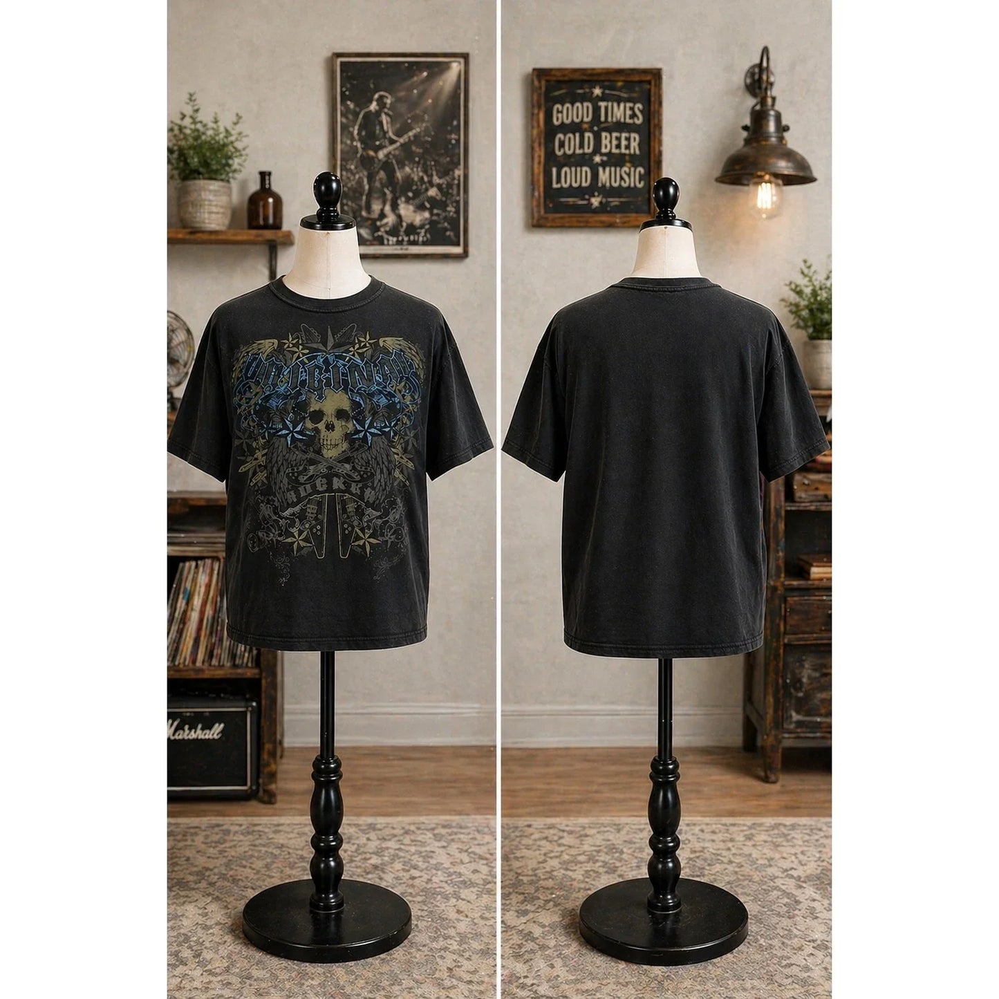 Y2K Skull Graphic Tee XL Black Grunge Rock Biker Faded Vintage Style Unisex T-shirt, Sweatshirt, Hoodie, Long Sleeve Tee - T-Shirt, Sweatshirt, Hoodie