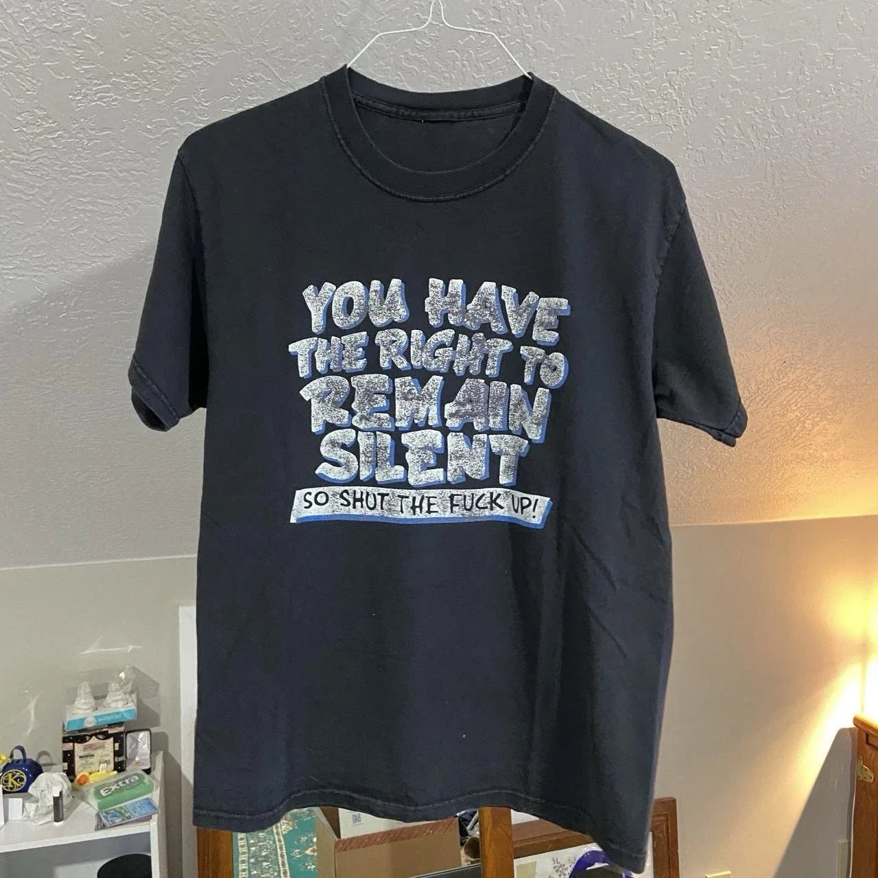 Y2K Text Faded You Have The Right To Remain Silent Funny Comedy Parody Tee Large Unisex T-shirt, Sweatshirt, Hoodie, Long Sleeve Tee - T-Shirt, Sweatshirt, Hoodie