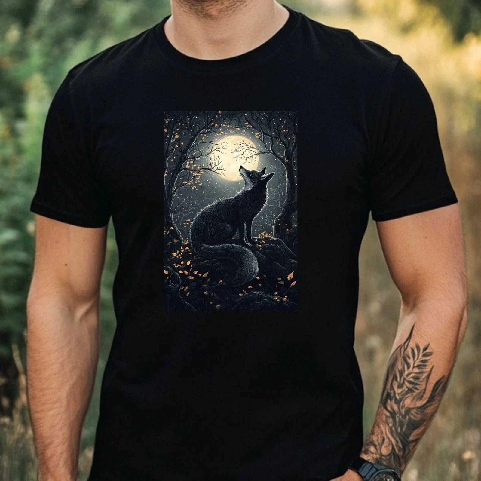 Mens Fox In The Moonlight Motif Cotton T-Shirt Size XS to 5XL Unisex T-shirt, Sweatshirt, Hoodie, Long Sleeve Tee - T-Shirt, Sweatshirt, Hoodie