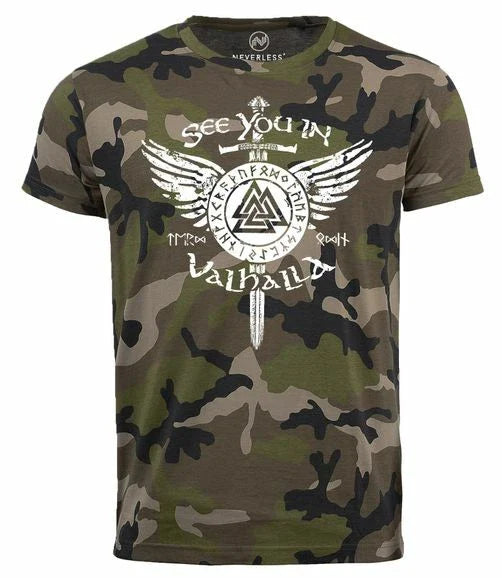Men's See You in Valhalla Sword Runes Odin Vikings Camo Shirt Camo Unisex T-shirt, Sweatshirt, Hoodie, Long Sleeve Tee - T-Shirt, Sweatshirt, Hoodie