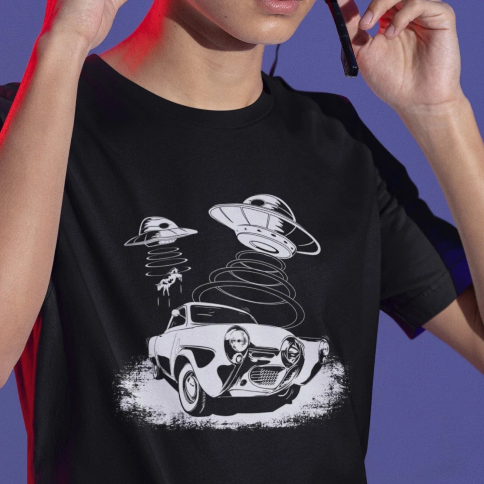 Classic Car Shirt featuring a 50 Studebaker being abducted by a UFO Unisex T-shirt, Sweatshirt, Hoodie, Long Sleeve Tee - T-Shirt, Sweatshirt, Hoodie