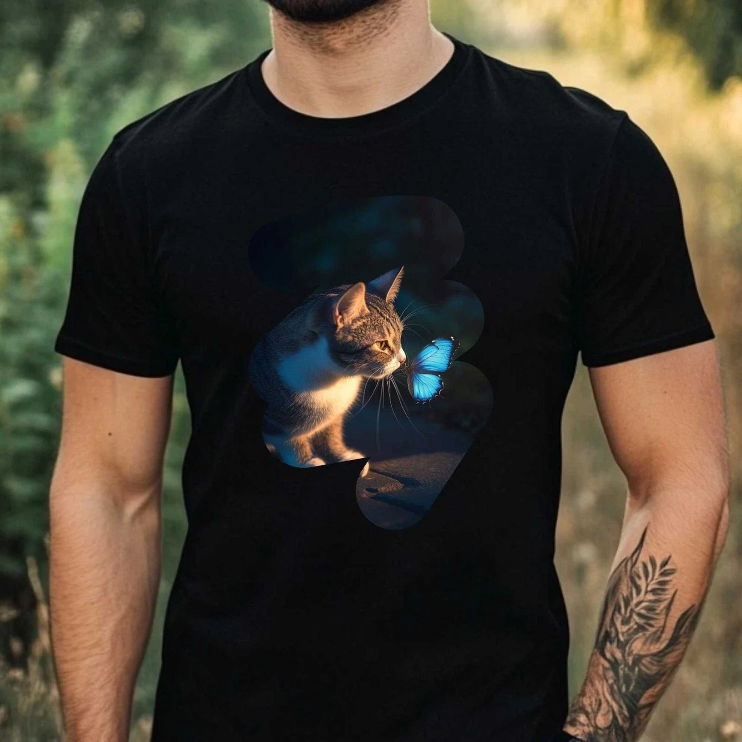 Mens Cat and Butterfly Print Cotton T-Shirt Size XS to 5XL Unisex T-shirt, Sweatshirt, Hoodie, Long Sleeve Tee - T-Shirt, Sweatshirt, Hoodie